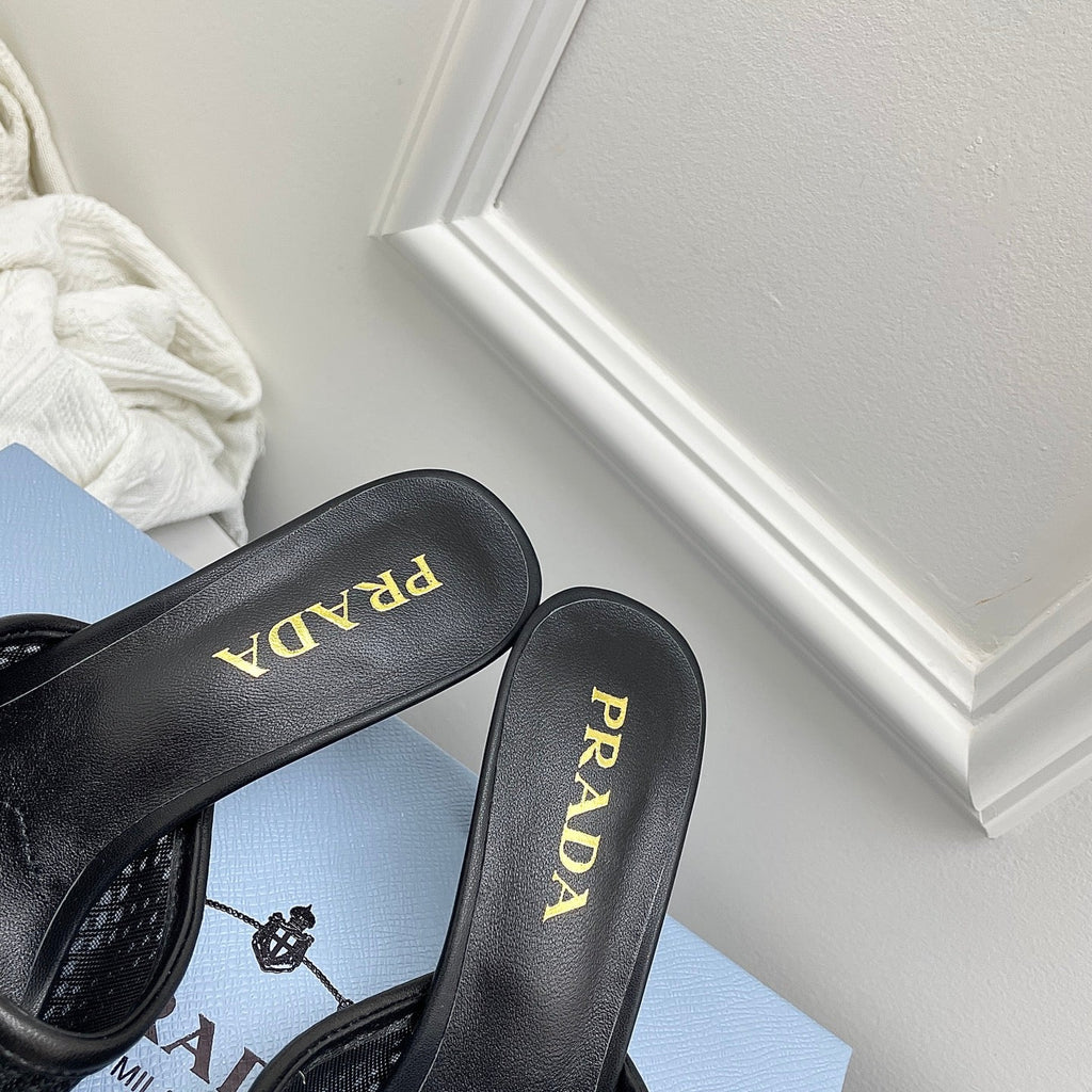 Prada 26s Mules Black Mesh Leather 726971