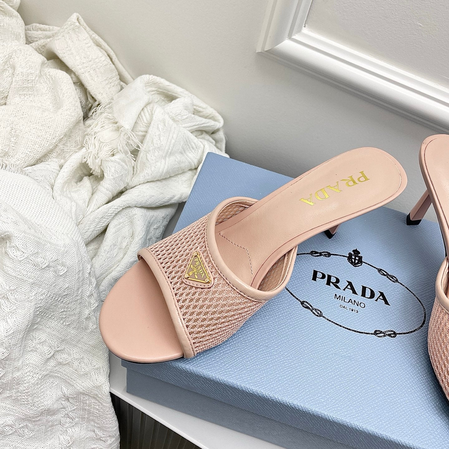 Prada 26s Mules Light Pink Mesh Leather 726972