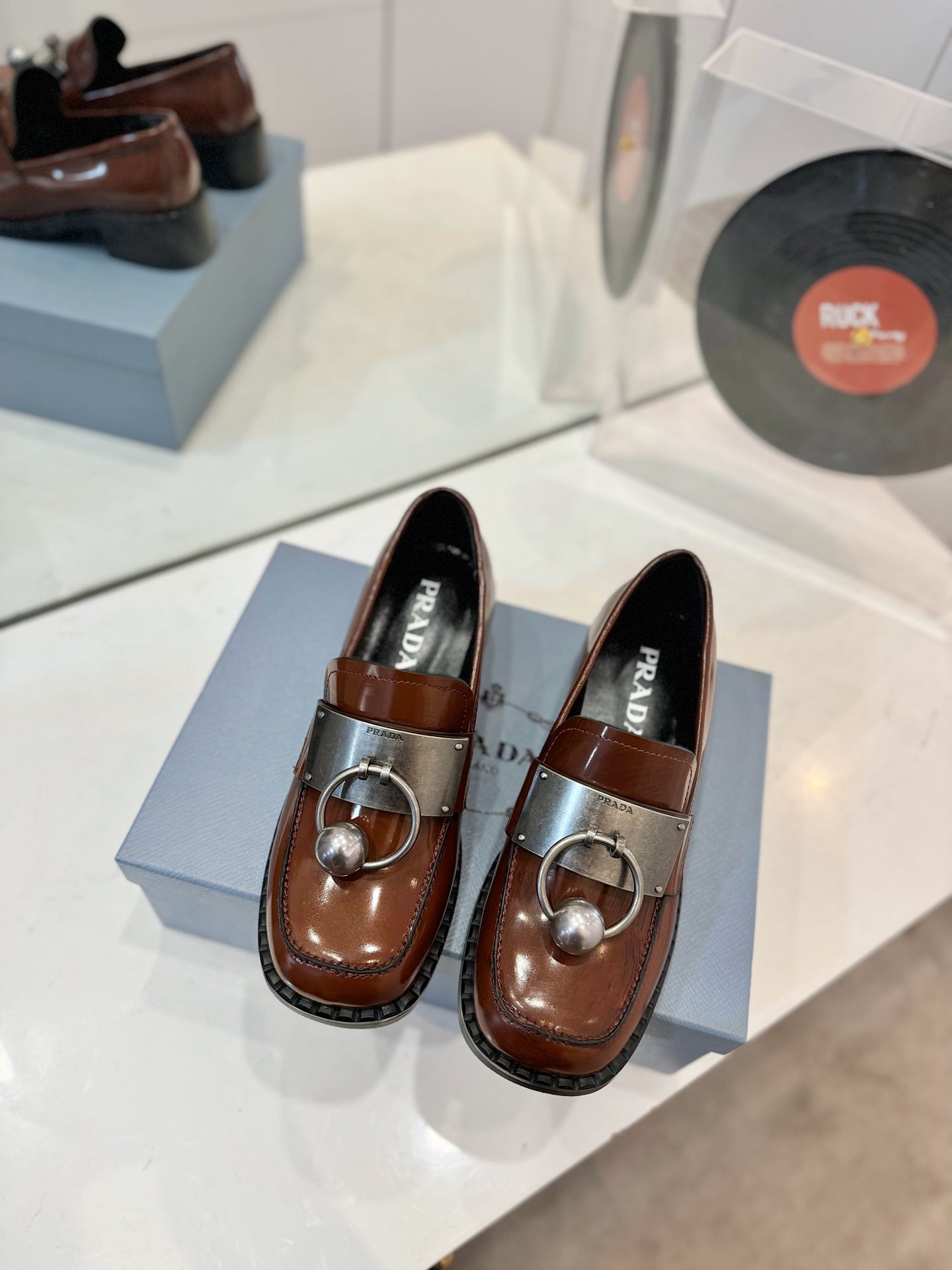 Prad 26s Ball Chain Loafers Brown Brushed Leather 941514