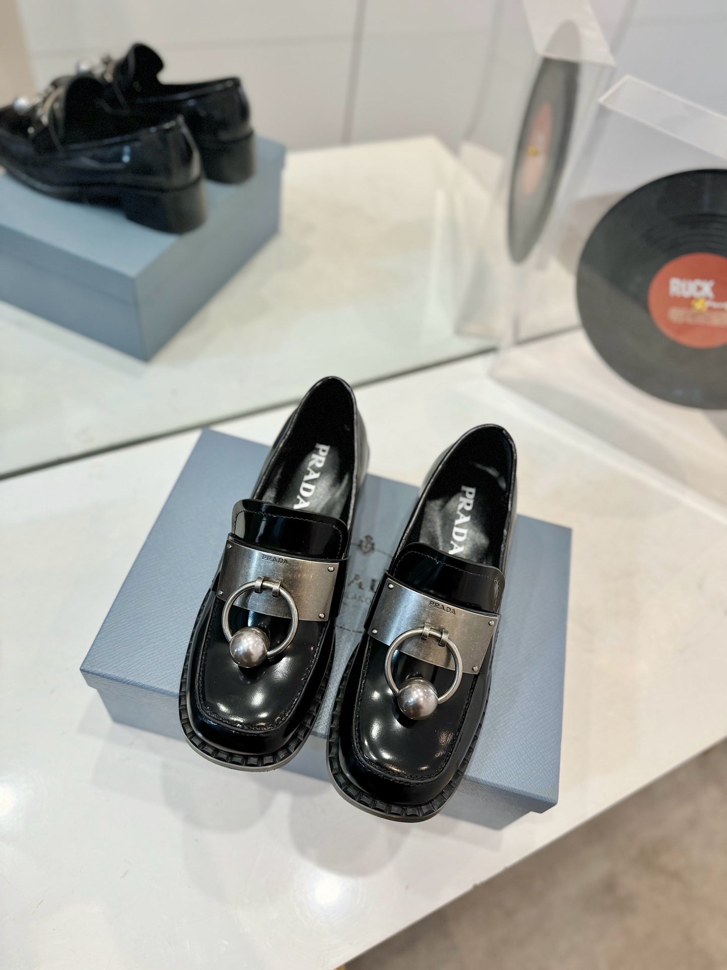 Prad 26s Ball Chain Loafers Black Brushed Leather 941515