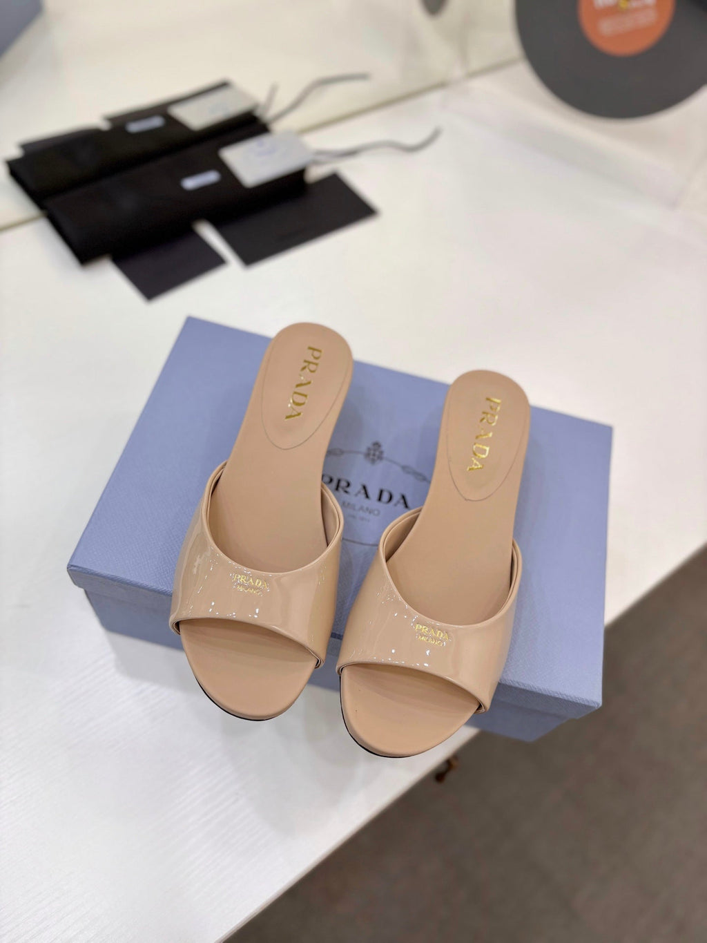 Pra Kitten Heel Sandals 4cm Beige Patent Leather 834583