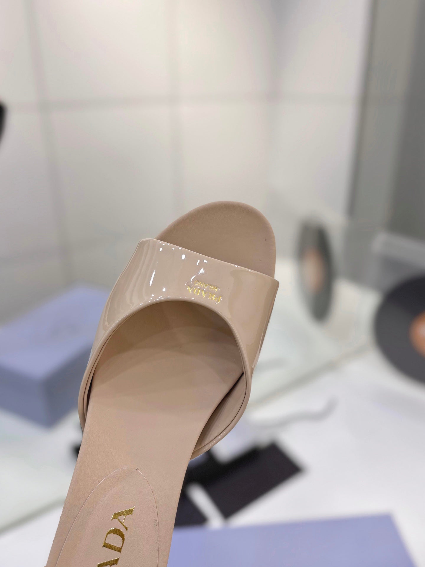 Pra Kitten Heel Sandals 4cm Beige Patent Leather 834583