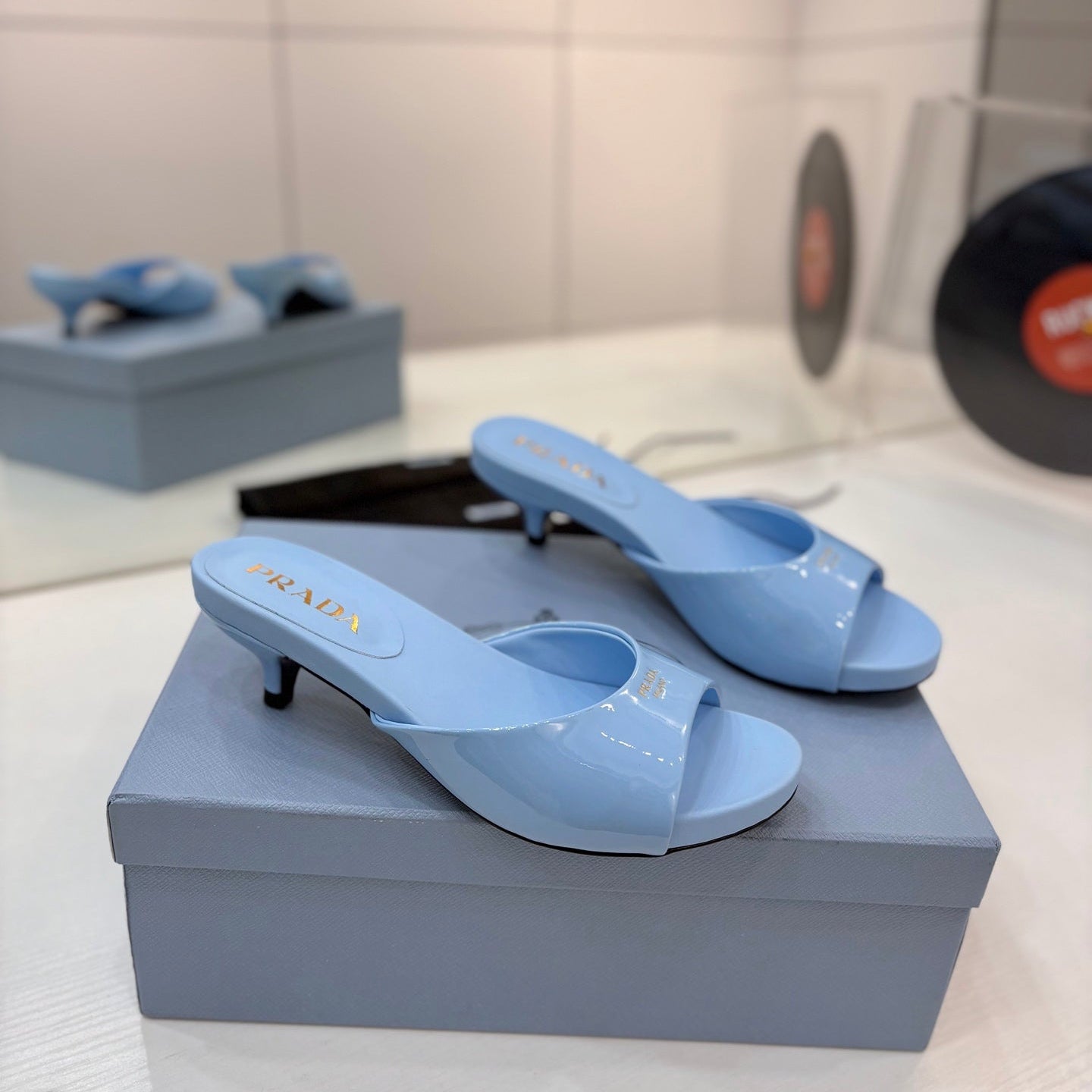 Pra Kitten Heel Sandals 4cm Light Blue Patent Leather 834599