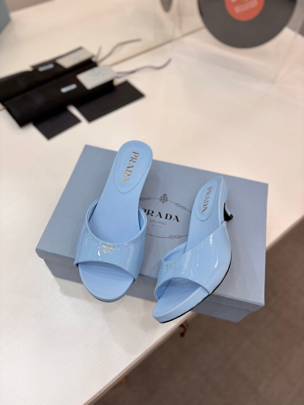 Pra Kitten Heel Sandals 4cm Light Blue Patent Leather 834599