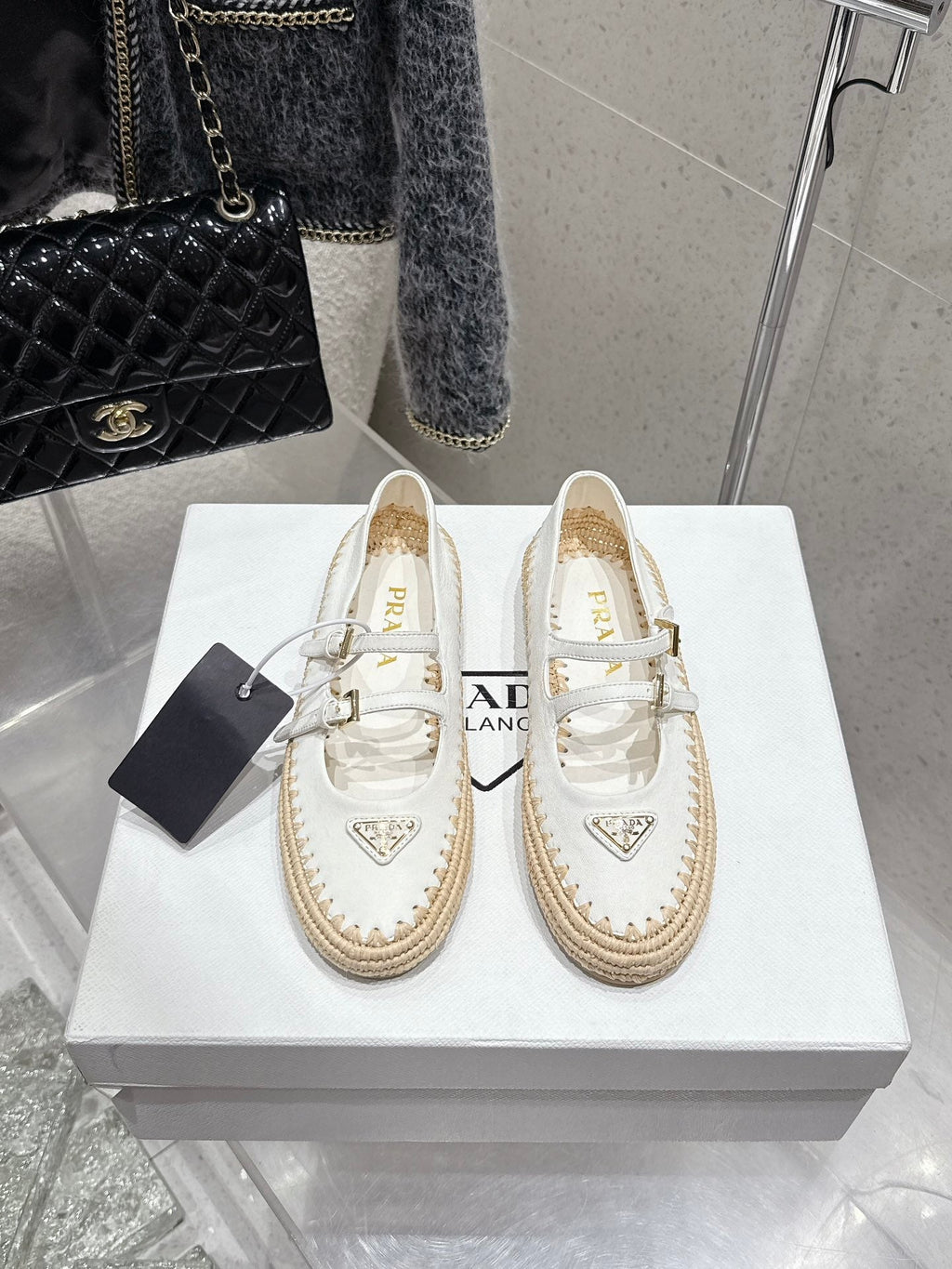 Pra 2025 Ballet Flat White Beige Cowhide Woven 554288