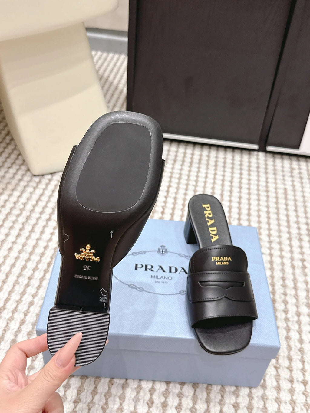 PRA 2026S High Heel Slippers 55 Black Leather 658335