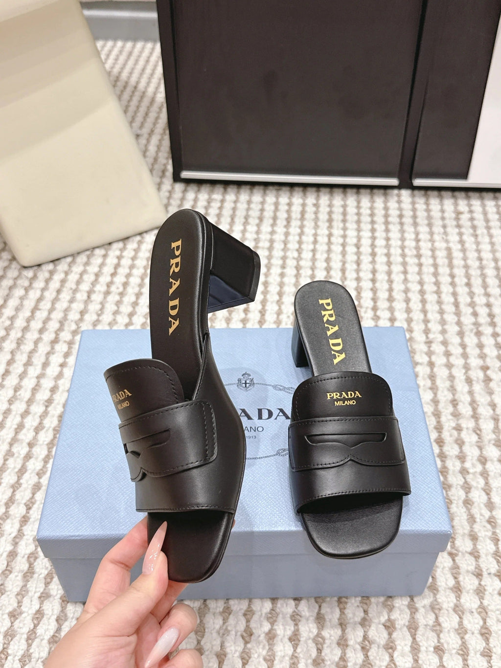 PRA 2026S High Heel Slippers 55 Black Leather 658335