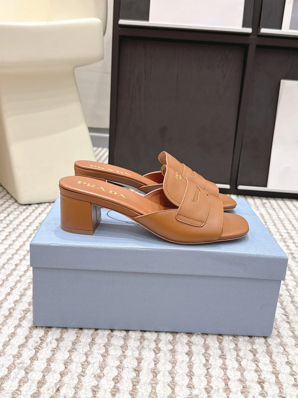 PRA 2026S High Heel Slippers 55 Tan Brown Leather 658337