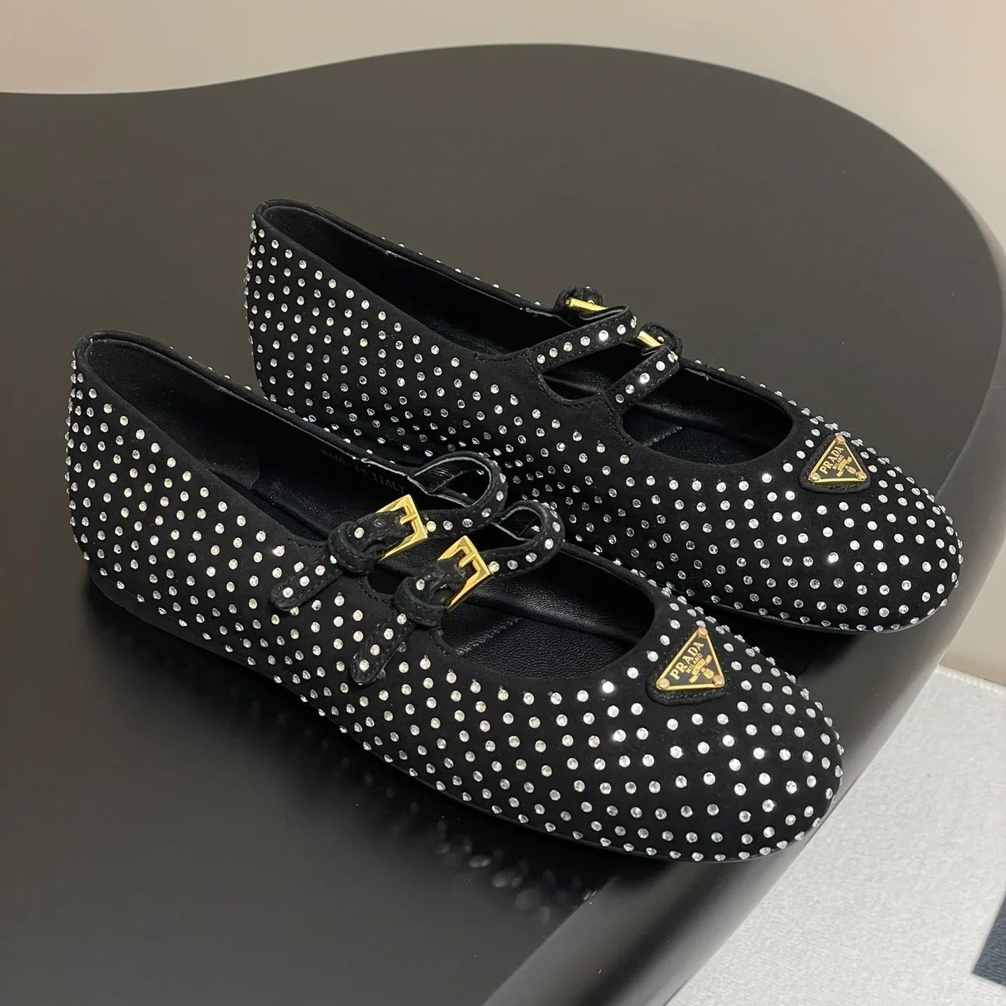 Prada 2025 Triangle Logo Rhinestone Ballet Flat Black Suede Sheepskin 247822