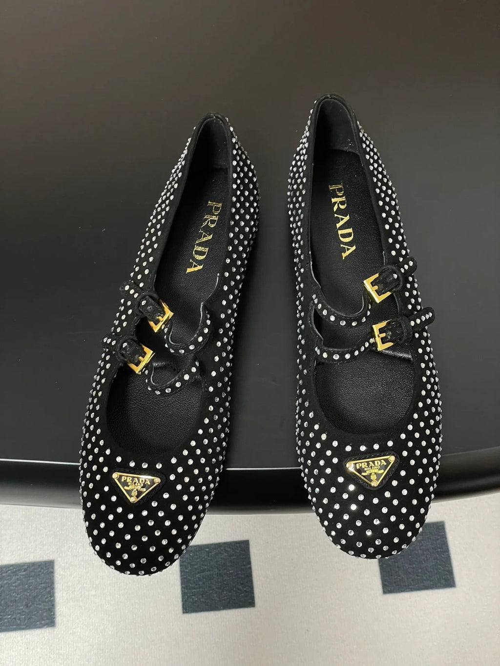 Prada 2025 Triangle Logo Rhinestone Ballet Flat Black Suede Sheepskin 247822