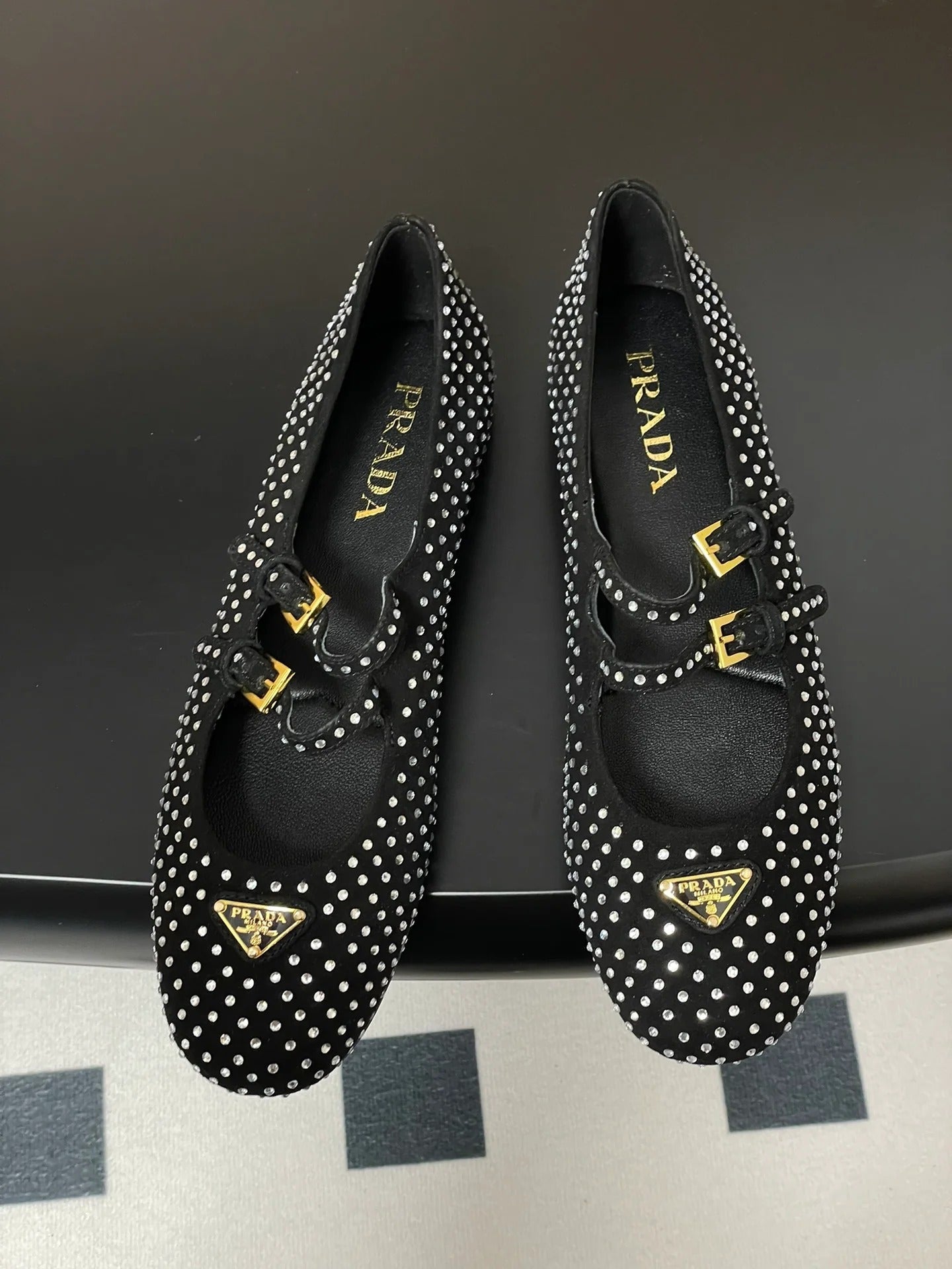 Prada 2025 Triangle Logo Rhinestone Ballet Flat Black Suede Sheepskin 247822