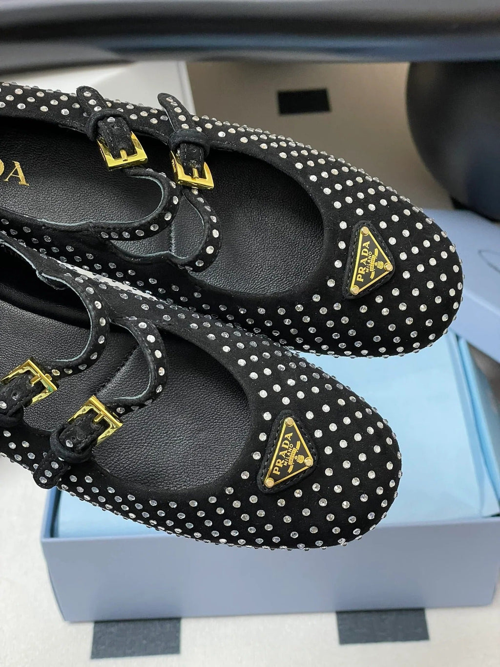 Prada 2025 Triangle Logo Rhinestone Ballet Flat Black Suede Sheepskin 247822