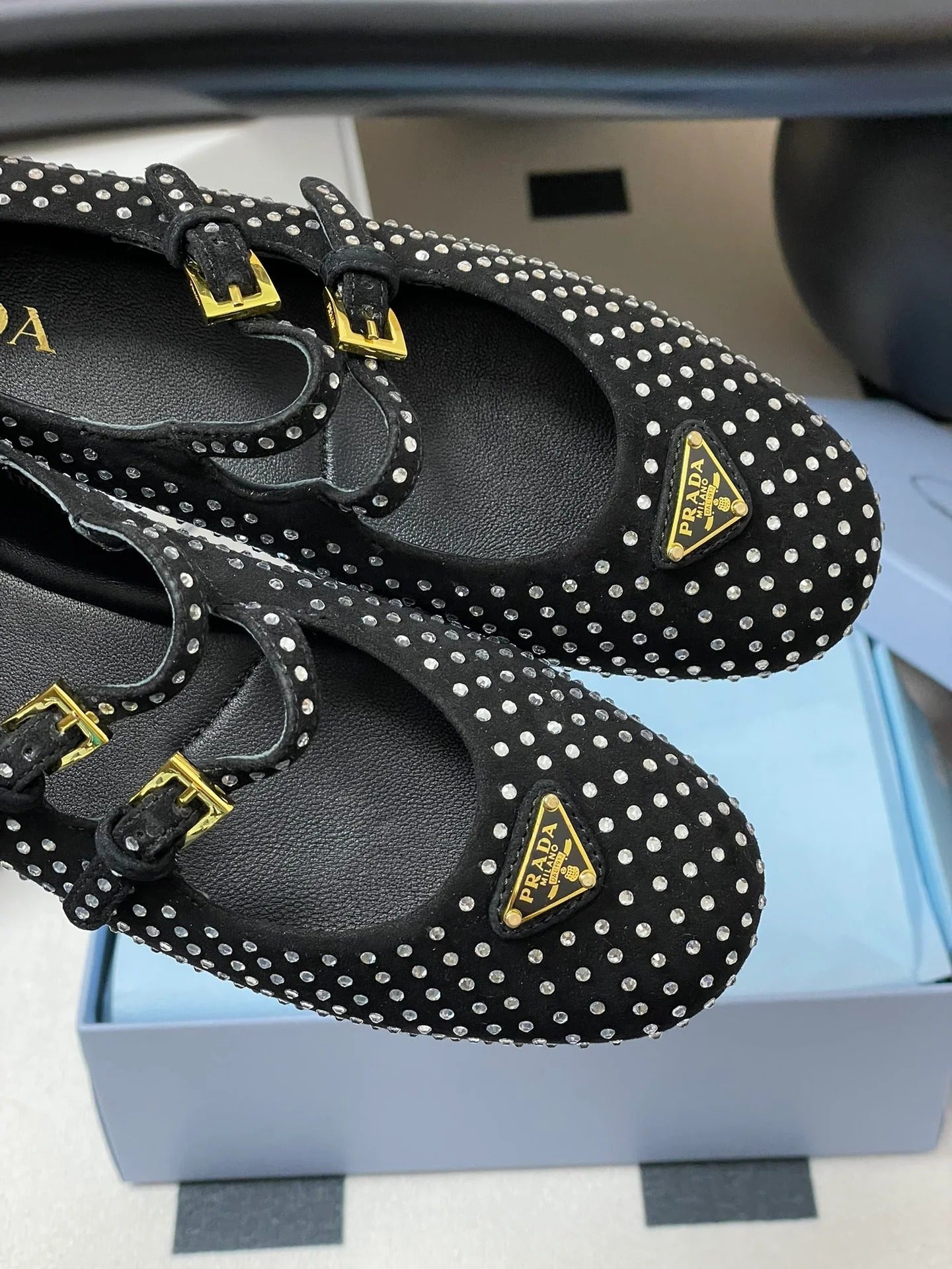 Prada 2025 Triangle Logo Rhinestone Ballet Flat Black Suede Sheepskin 247822