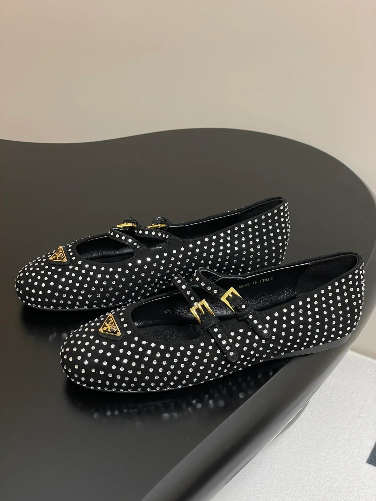 Prada 2025 Triangle Logo Rhinestone Ballet Flat Black Suede Sheepskin 247822