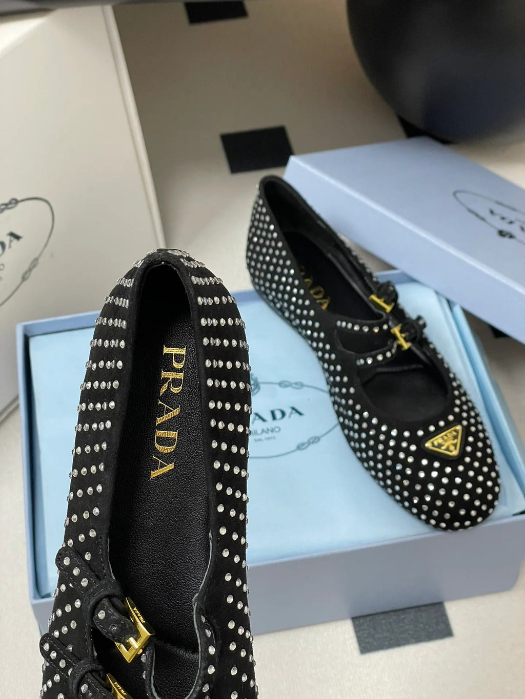 Prada 2025 Triangle Logo Rhinestone Ballet Flat Black Suede Sheepskin 247822