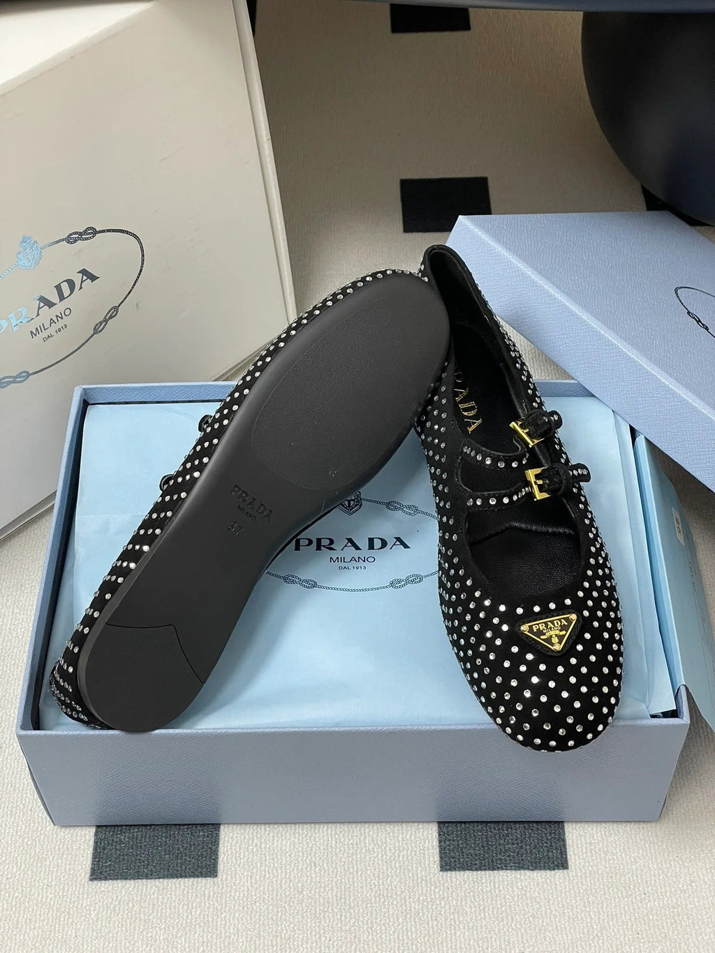 Prada 2025 Triangle Logo Rhinestone Ballet Flat Black Suede Sheepskin 247822