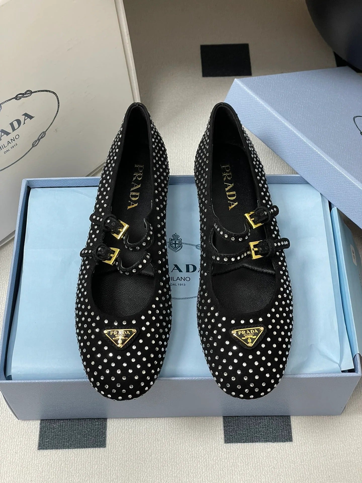 Prada 2025 Triangle Logo Rhinestone Ballet Flat Black Suede Sheepskin 247822