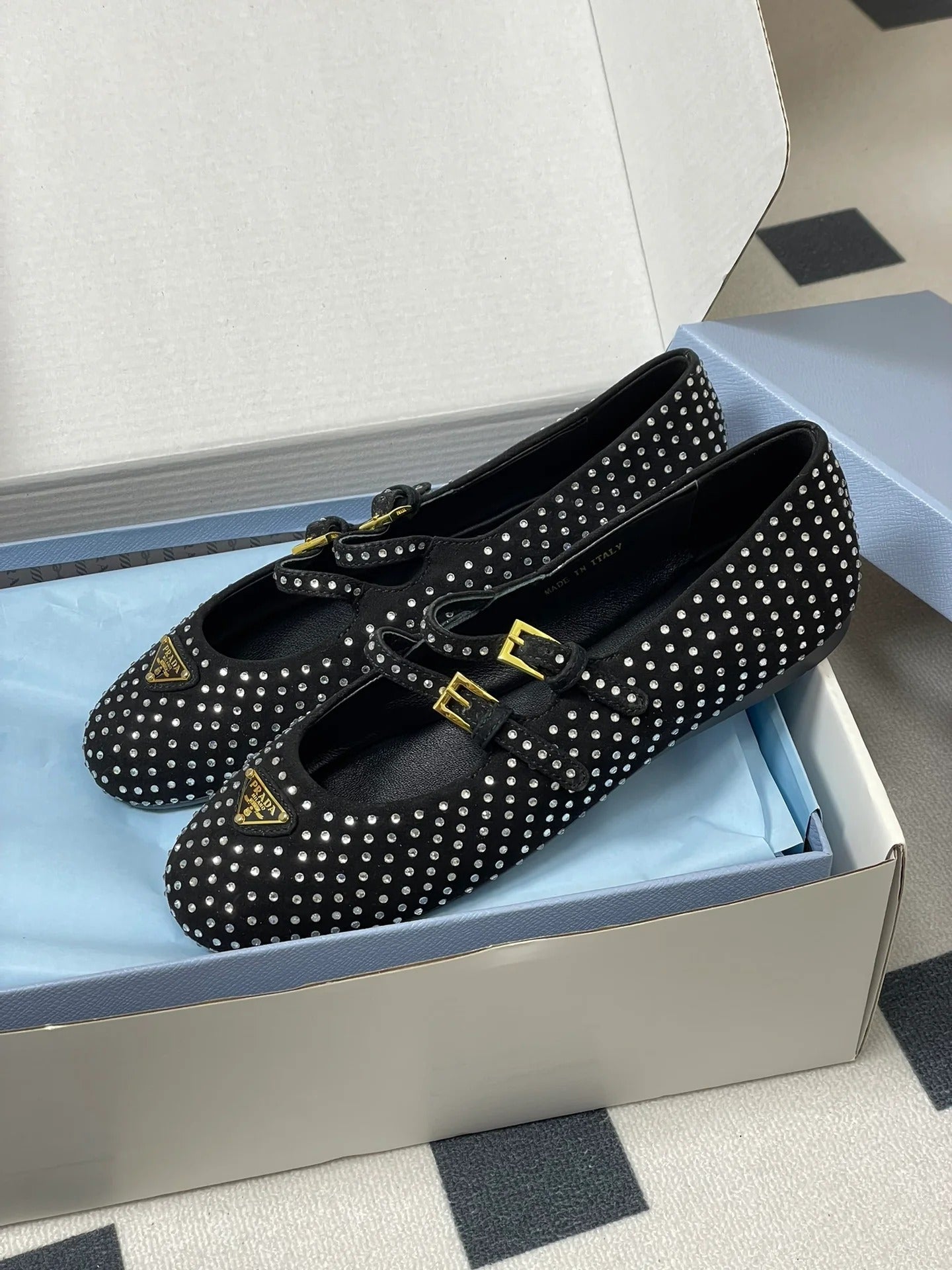 Prada 2025 Triangle Logo Rhinestone Ballet Flat Black Suede Sheepskin 247822