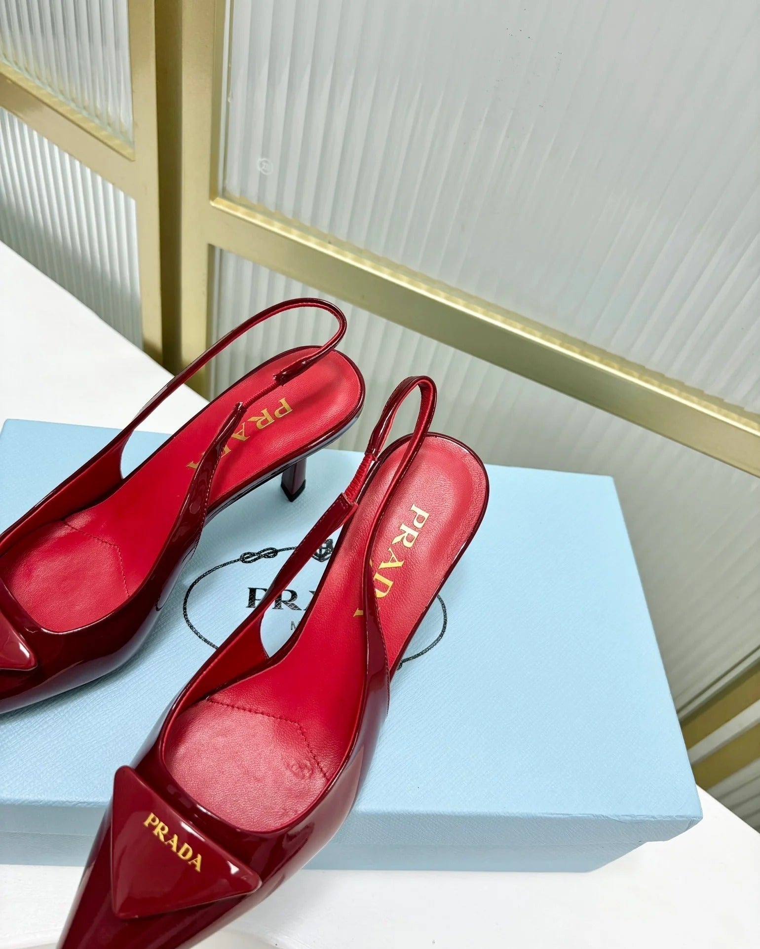 Prada 2026 High-Heeled Open-Back Sandal Red Cowhide Patent Leather 756123