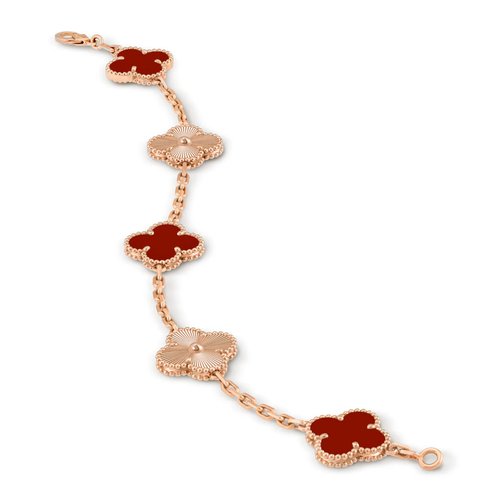 Vintage Alhambra bracelet, 5 motifs, guilloché, carnelian