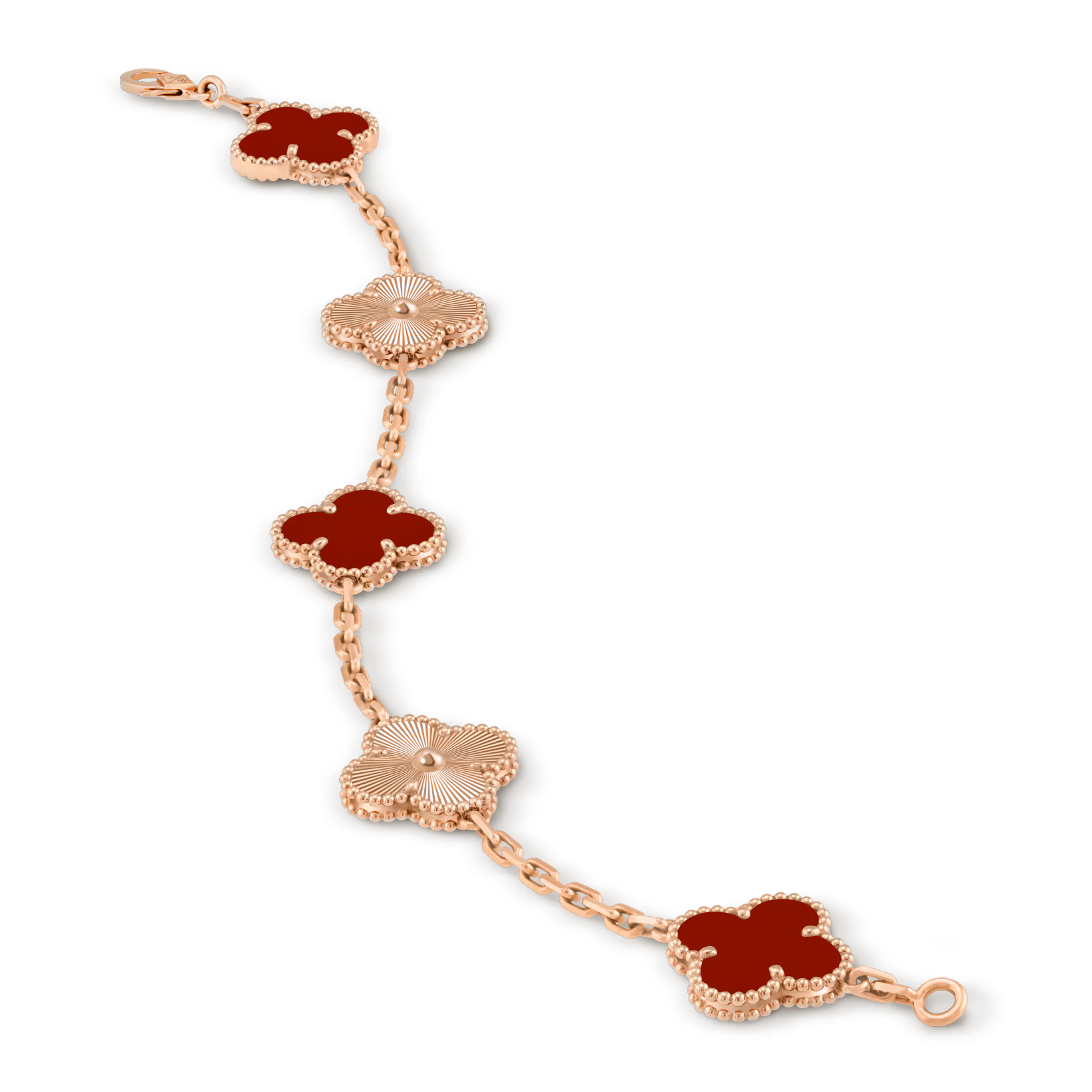Vintage Alhambra bracelet, 5 motifs, guilloché, carnelian