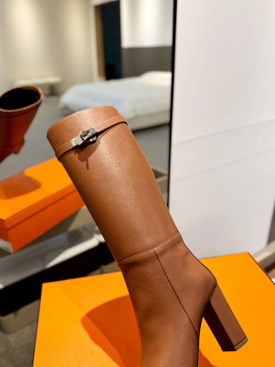HERMES STORY BOOT 85MM IN BRONZE BROWN CALFSKIN